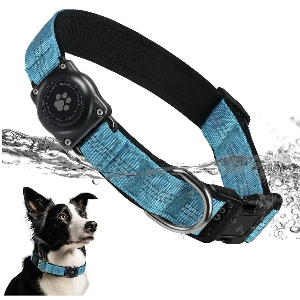 Waterproof Air Tag Dog Collar Holder Light Blue With Quick Release Lock, Large
